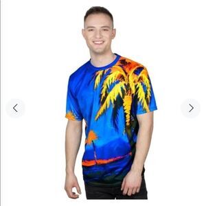 Aofmoka Men Palms Print T-Shirts Neon Glow in UV Fluorescent Hawaii Palm medium